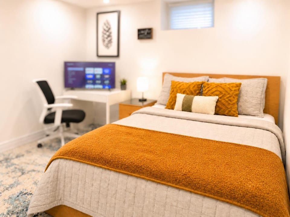 Bed, TV and multimedia, Photo of the whole room, Decorative detail, Seating area, Bedroom
