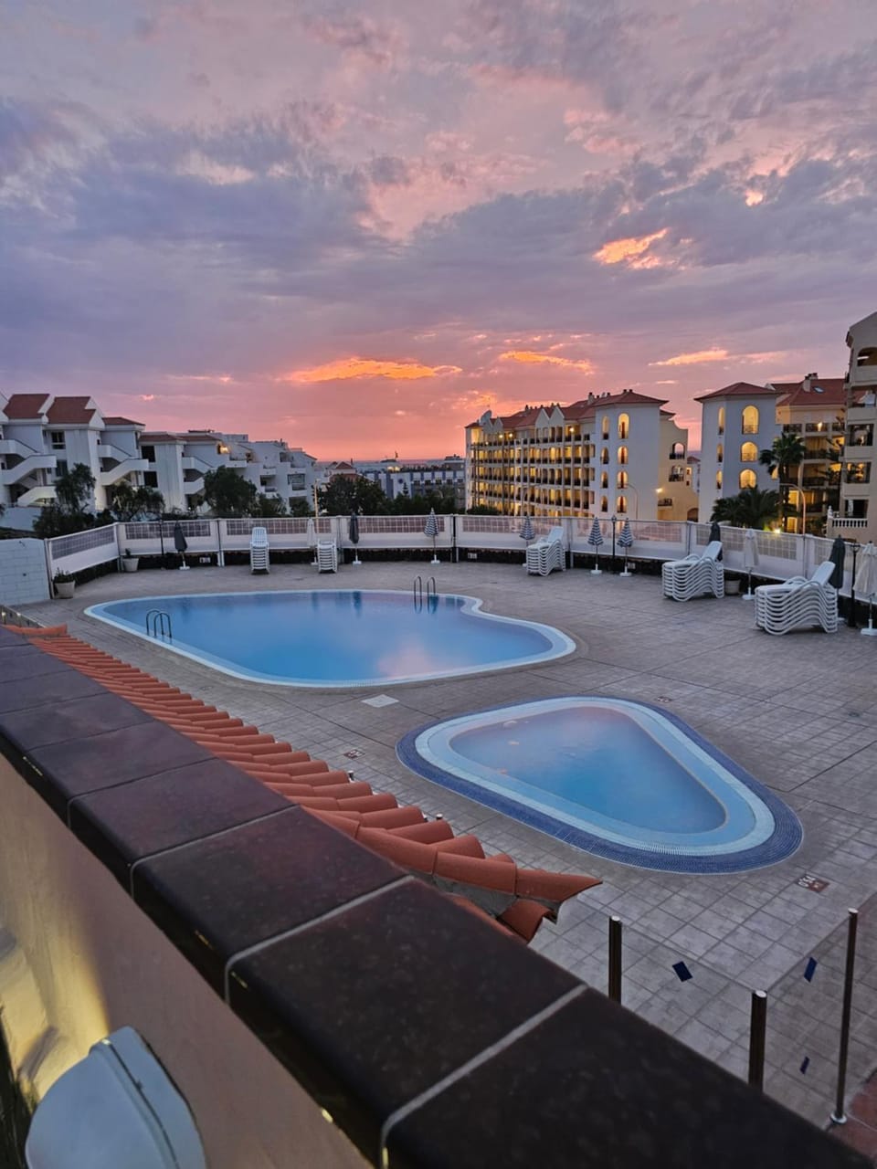 Property building, Pool view, Swimming pool, Sunset