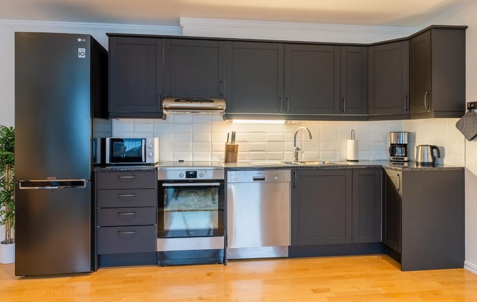 Kitchen or kitchenette, dishwasher, oven, stove