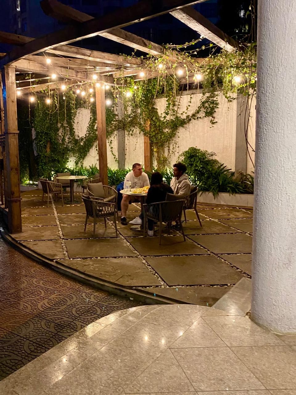 Patio, Night, People, Seating area, group of guests