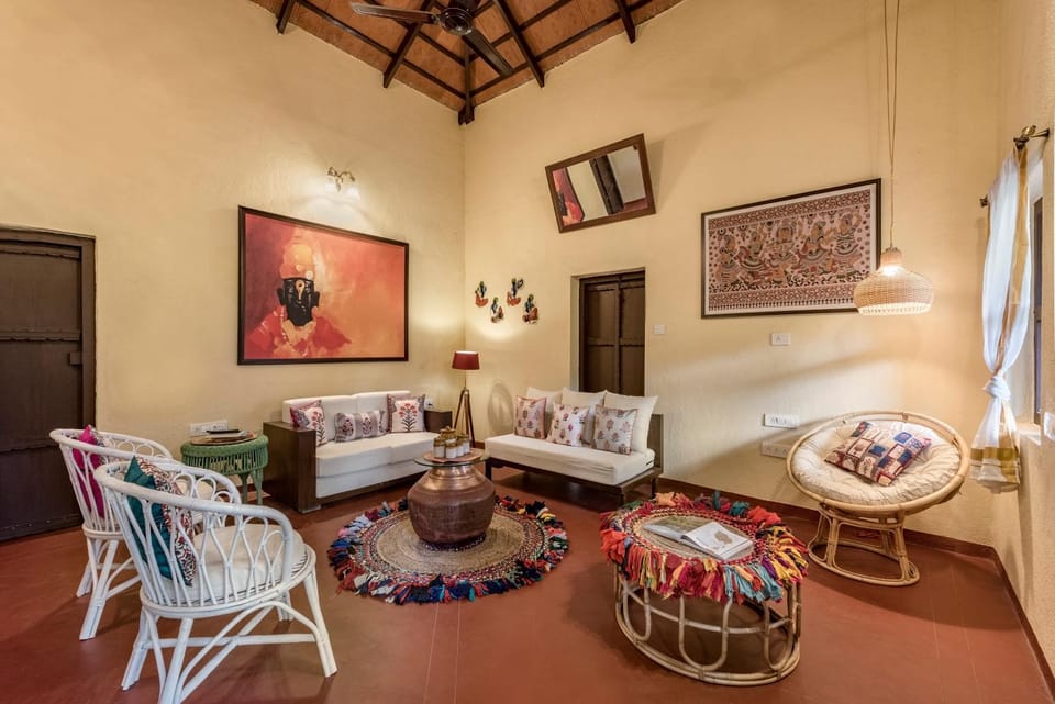 Living room, Seating area, Garden view, fireplace