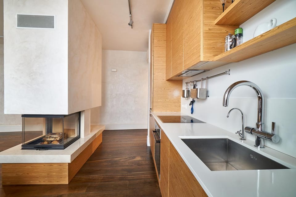 Kitchen or kitchenette, stove
