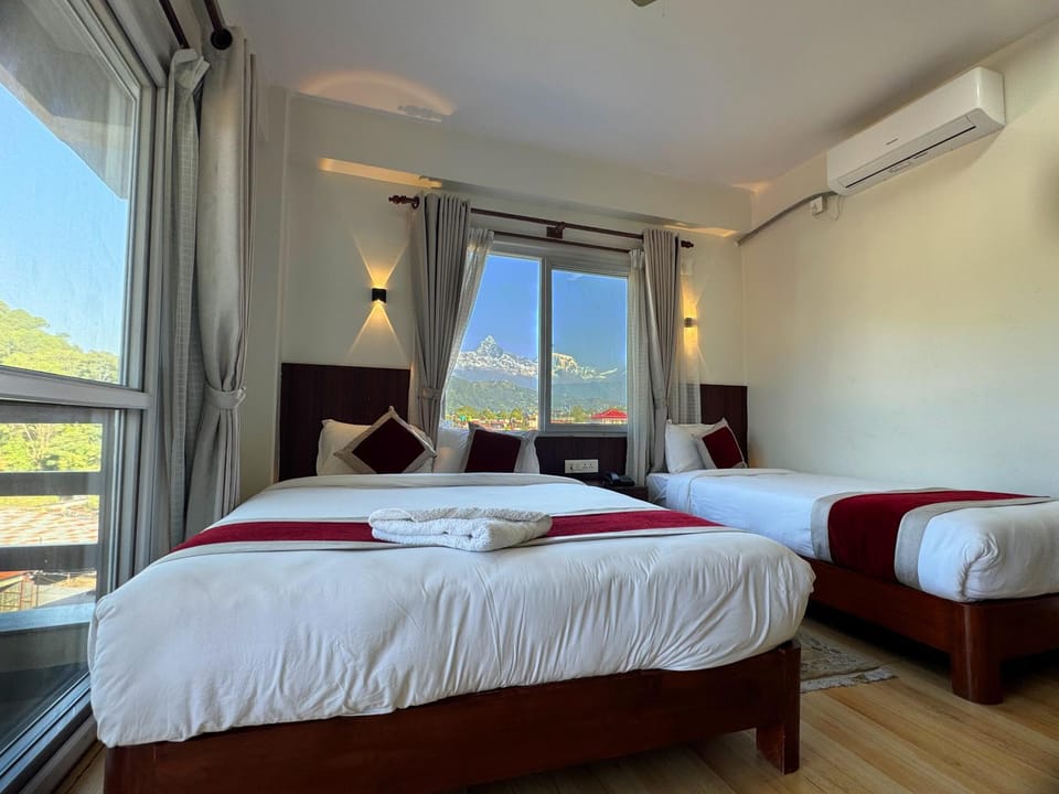 Bed, Photo of the whole room, Bedroom, towels, air conditioner