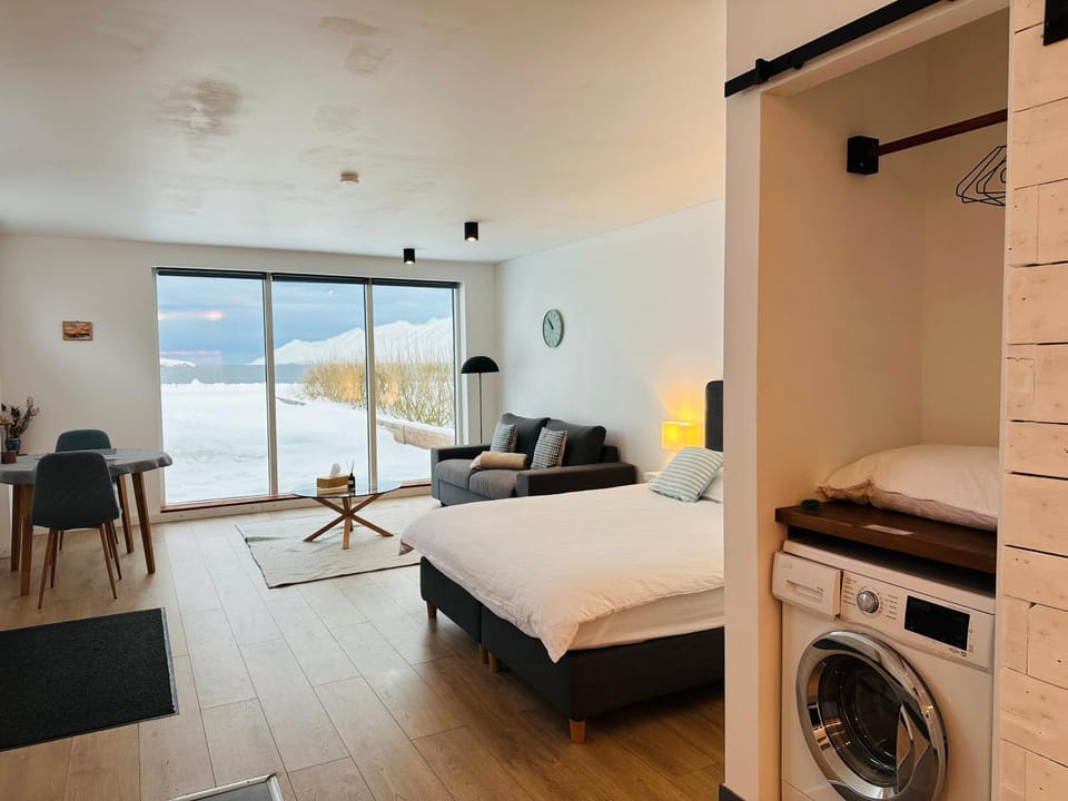Bed, Seating area, Dining area, Bedroom, washing machine, dryer