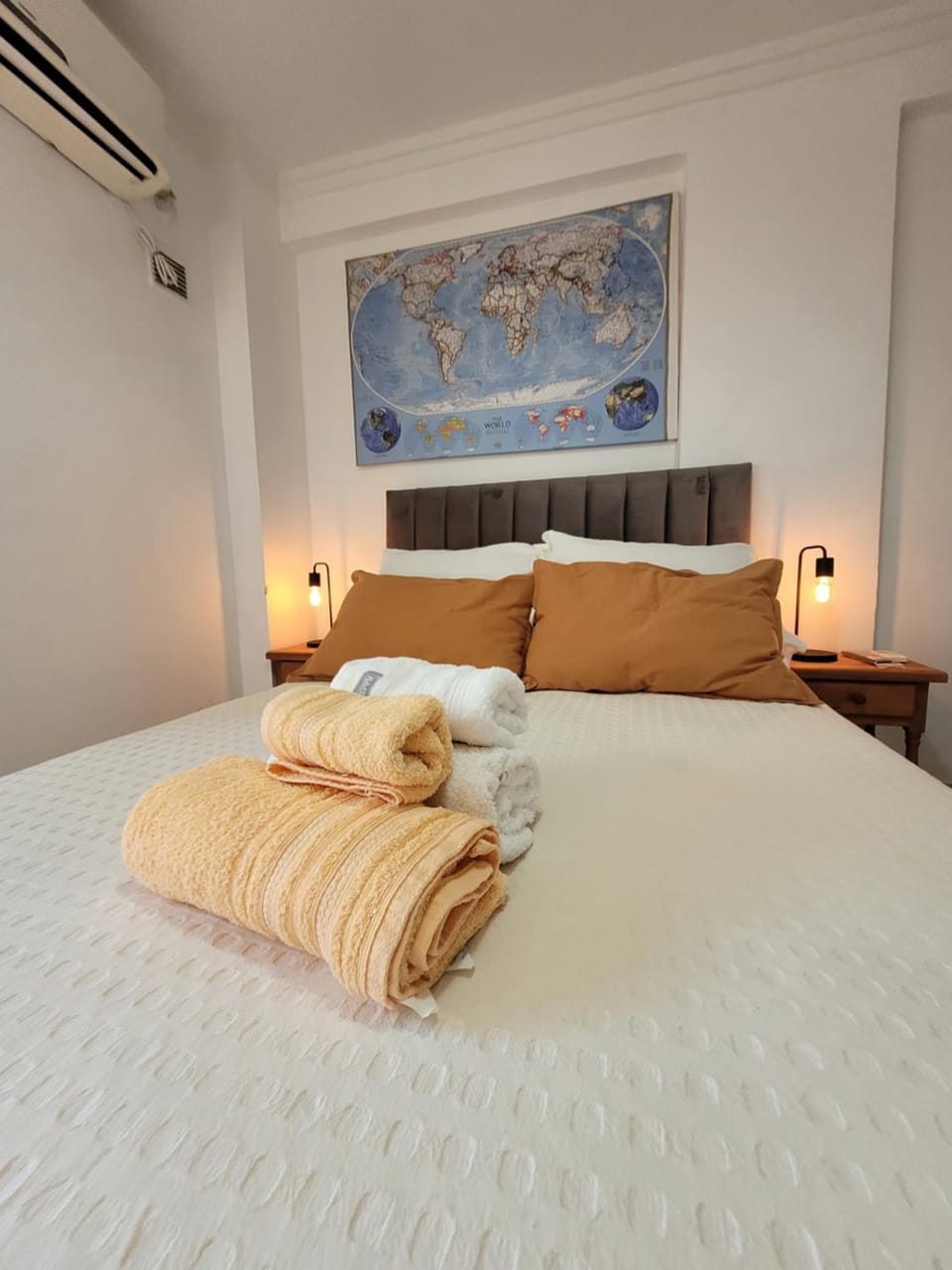 Bed, Photo of the whole room, Bedroom, towels, air conditioner