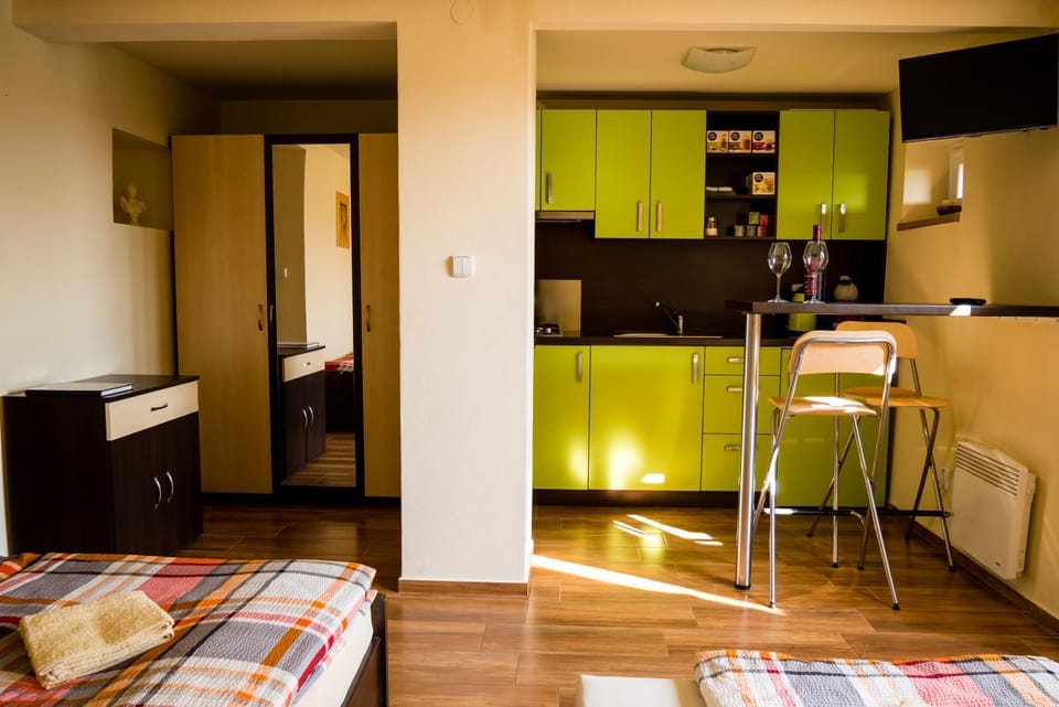 Kitchen or kitchenette, Living room, Photo of the whole room, Seating area, Dining area, Bedroom, stove