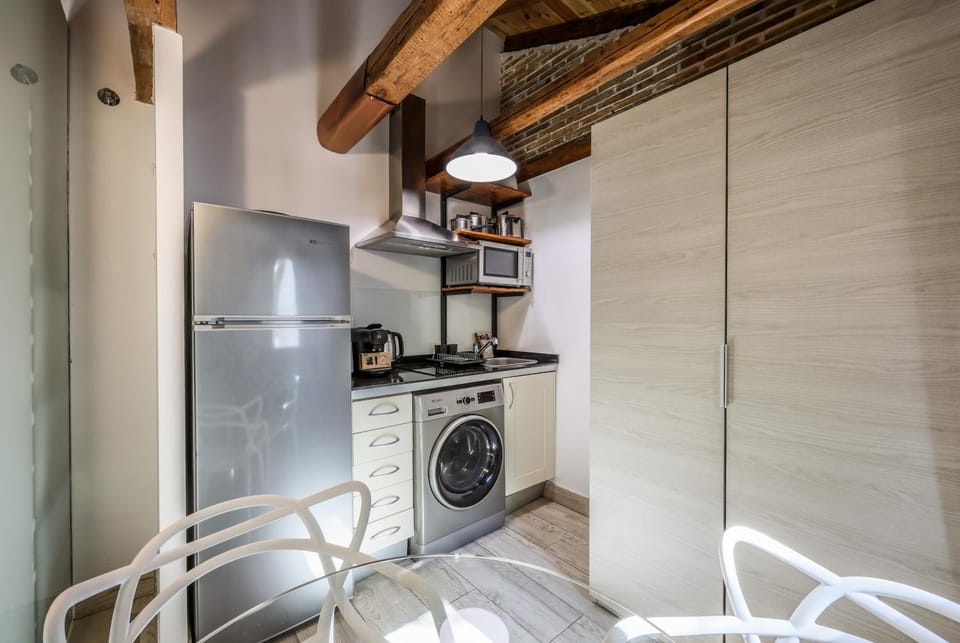 Kitchen or kitchenette, minibar, stove, washing machine