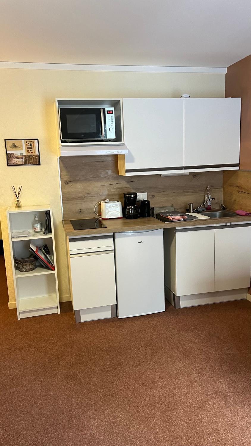 Kitchen or kitchenette, minibar, stove