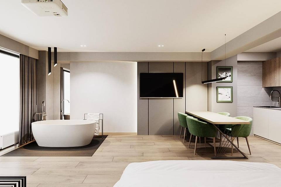 Bathroom, TV and multimedia, Kitchen or kitchenette, Living room, Photo of the whole room, Seating area, Bath