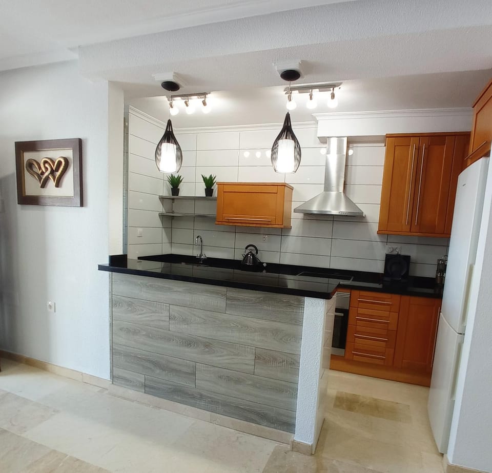 Kitchen or kitchenette, fireplace, stove