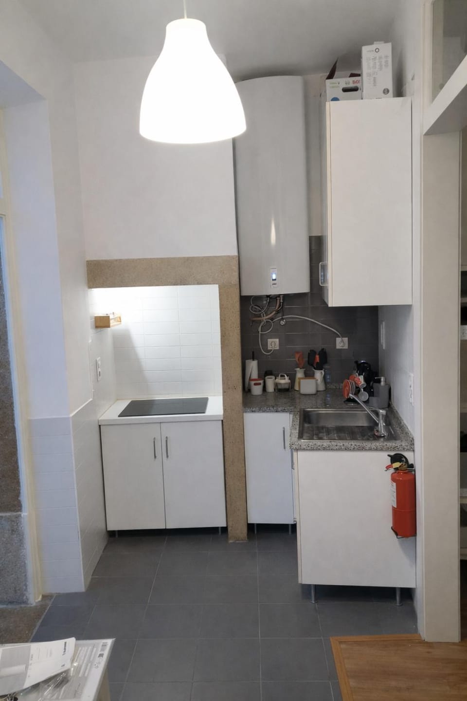 Kitchen or kitchenette, stove
