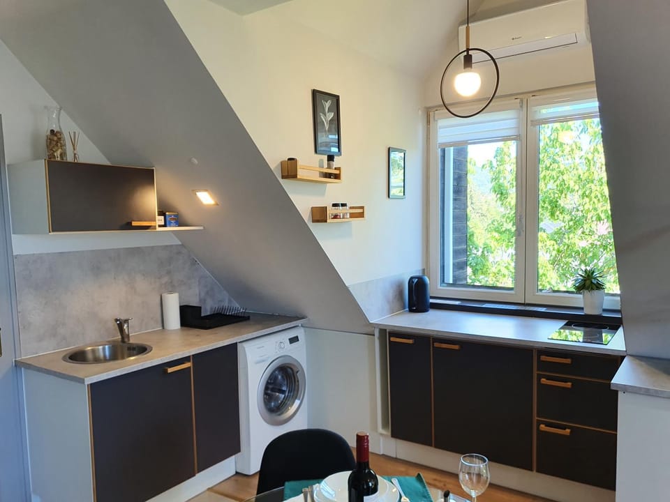 Kitchen or kitchenette, stove, washing machine