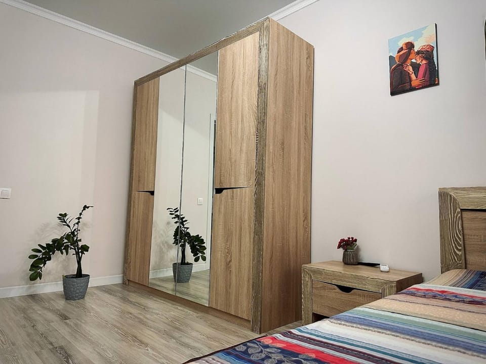 Bed, wardrobe