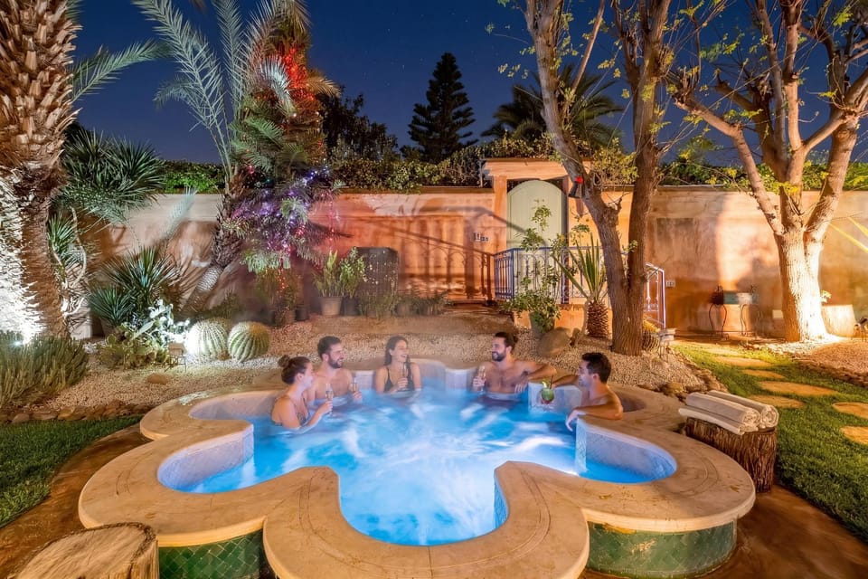 Patio, Night, People, Natural landscape, Garden, Hot Tub, Garden view, Swimming pool, group of guests