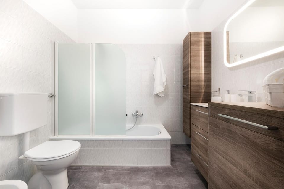 Shower, Toilet, Bathroom, Bath, bidet, heating, towels, washing machine