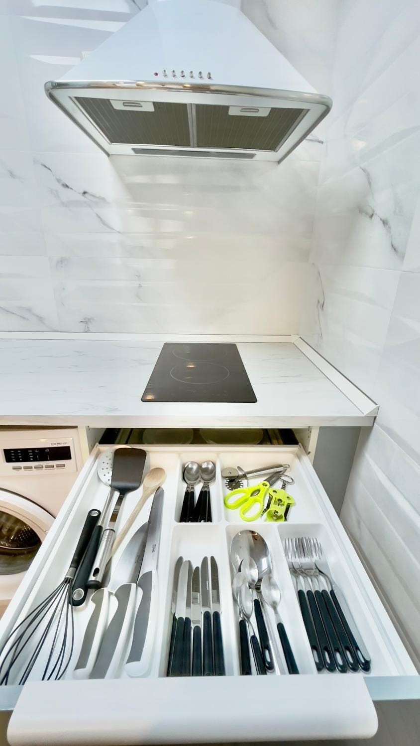 Kitchen or kitchenette, stove