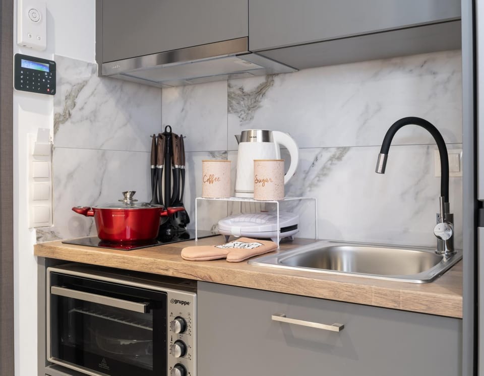 Coffee/tea facilities, Kitchen or kitchenette, oven, stove