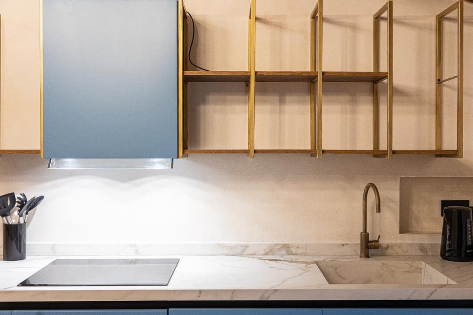 Kitchen or kitchenette, stove