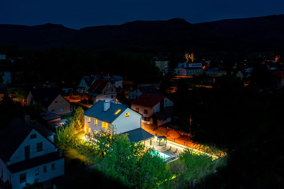 Property building, Night, Natural landscape, Bird's eye view, Garden, Mountain view