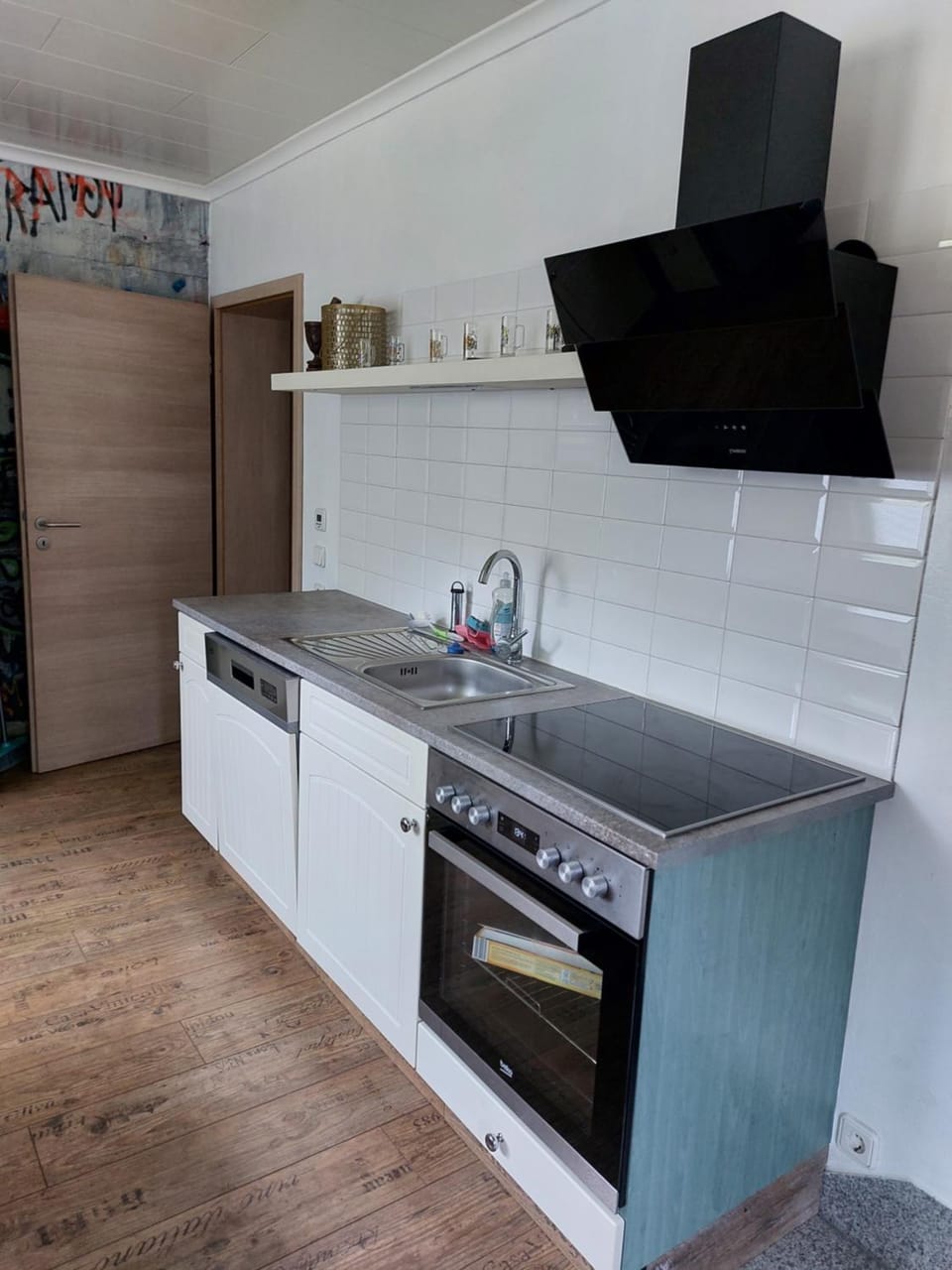 Kitchen or kitchenette, dishwasher, stove