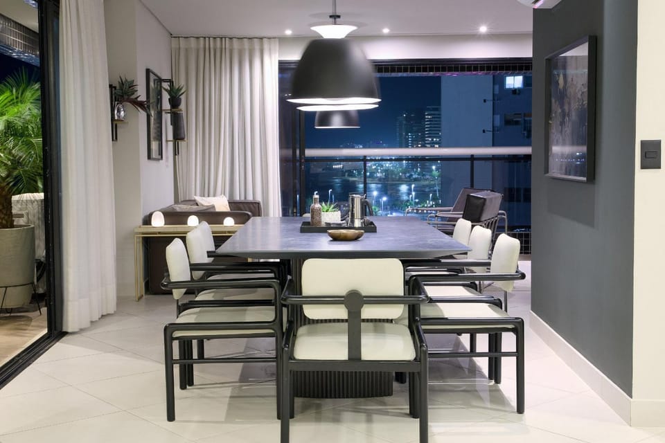 Night, Living room, Seating area, Dining area
