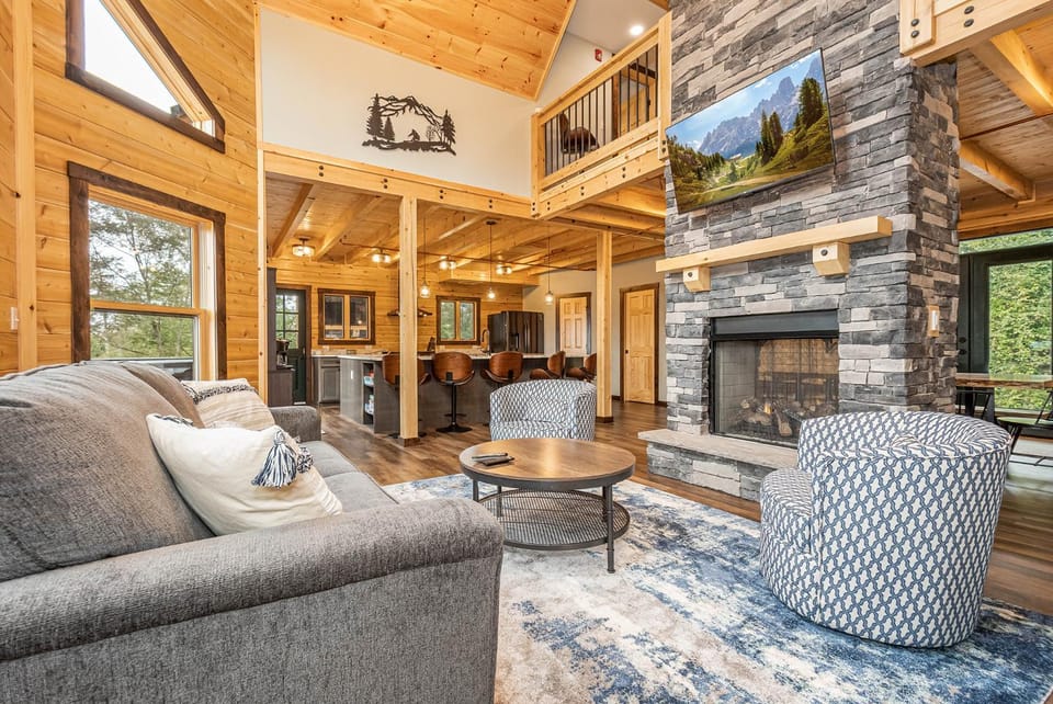 Living room, Seating area, Mountain view, fireplace, furniture