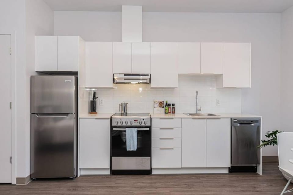 Kitchen or kitchenette, dishwasher, oven, stove