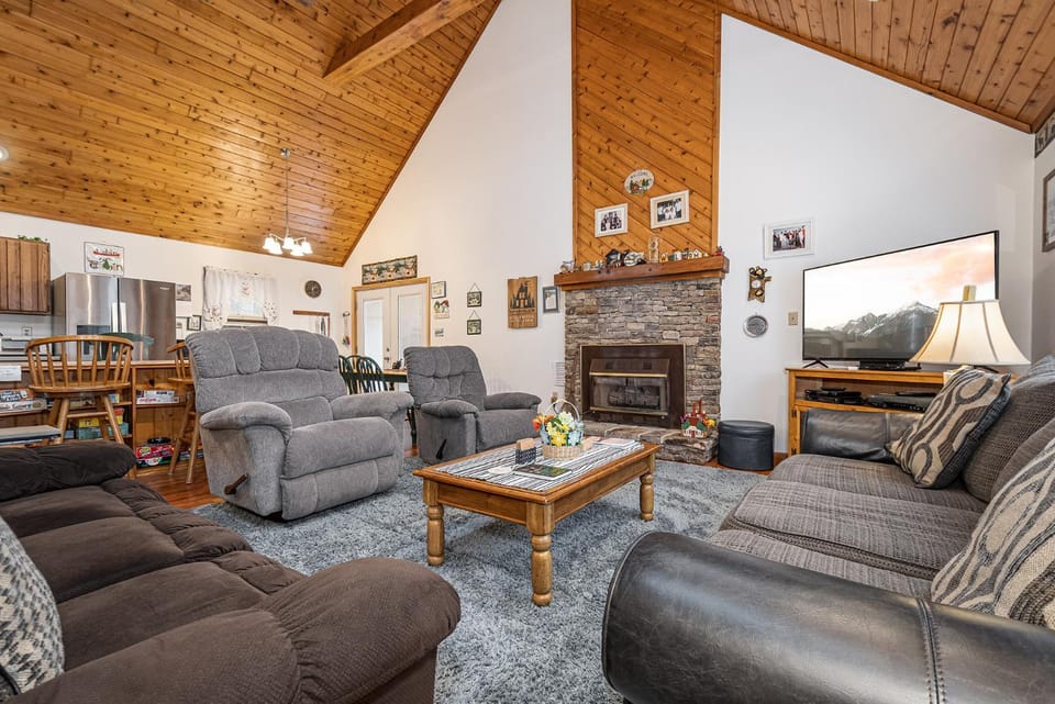 TV and multimedia, Kitchen or kitchenette, Living room, Seating area, fireplace, furniture
