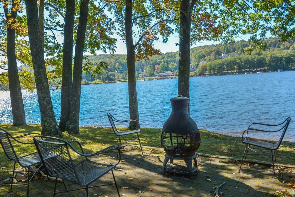 Patio, Natural landscape, Seating area, Lake view, fireplace