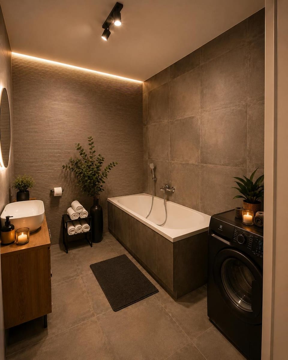 Bathroom, Bath, hair dryier, towels, wardrobe, washing machine, dryer