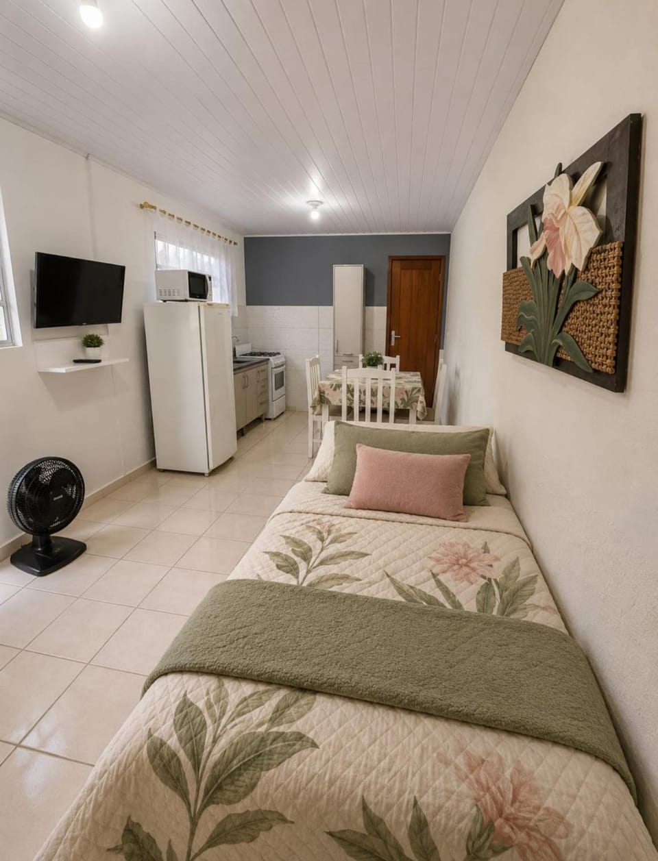 Bed, microwave, oven, stove, kitchen