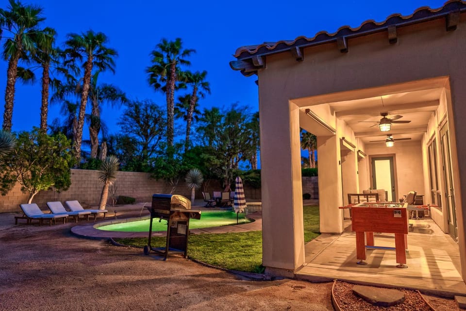 Property building, Patio, Night, Natural landscape, Garden, Garden view, Pool view, Swimming pool, sunbed