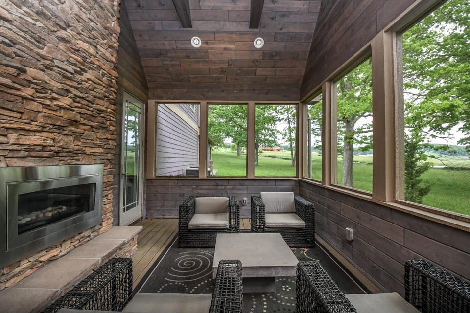Patio, Seating area, Garden view, fireplace