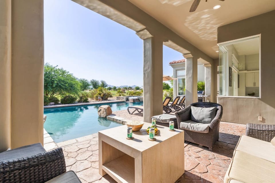 Property building, Patio, Day, Natural landscape, Garden, View (from property/room), Balcony/Terrace, Seating area, Garden view, Pool view, Swimming pool, sunbed
