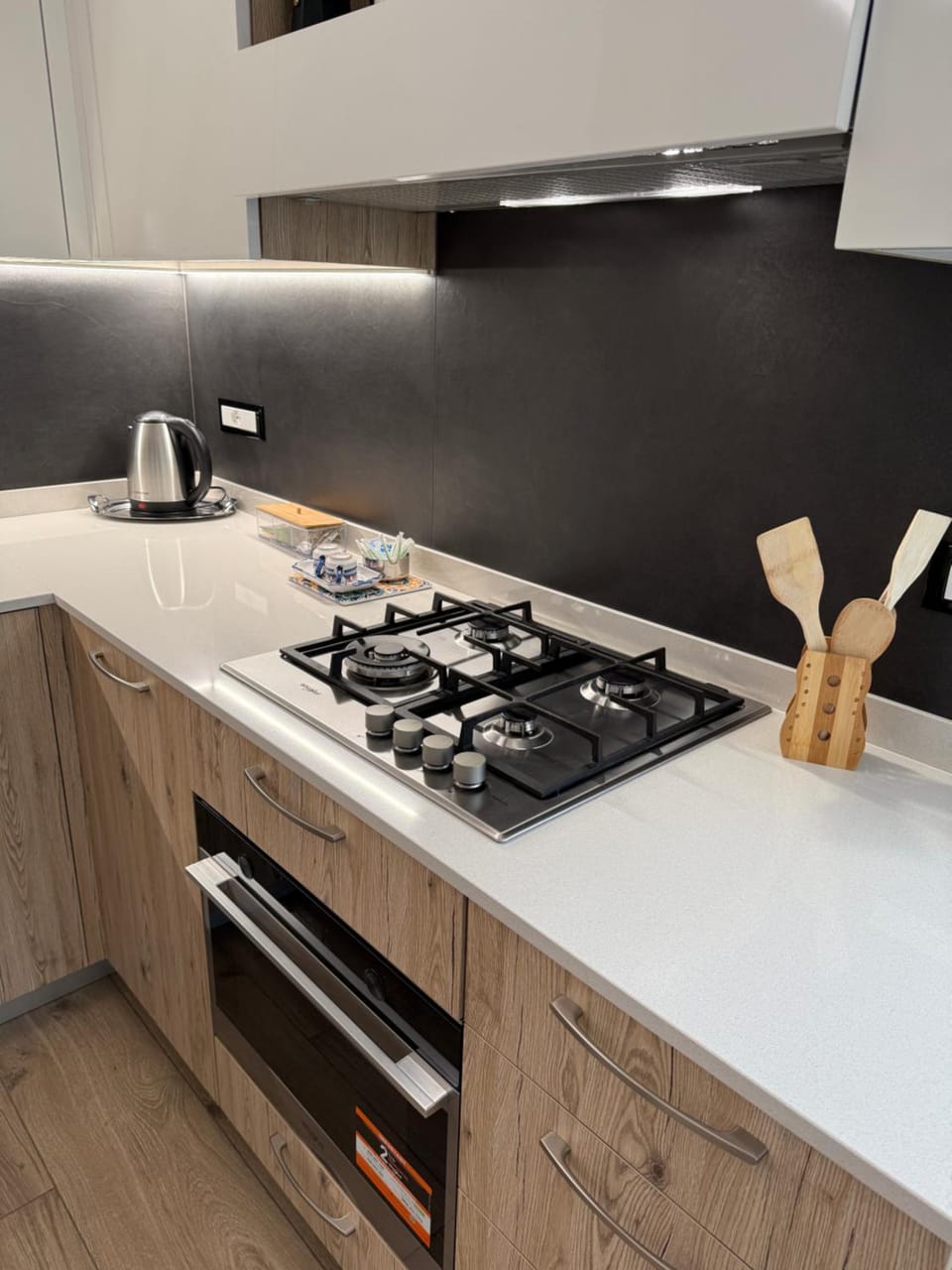 Kitchen or kitchenette, stove