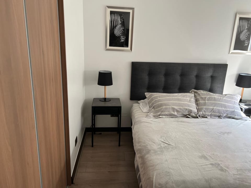 Bed, wardrobe