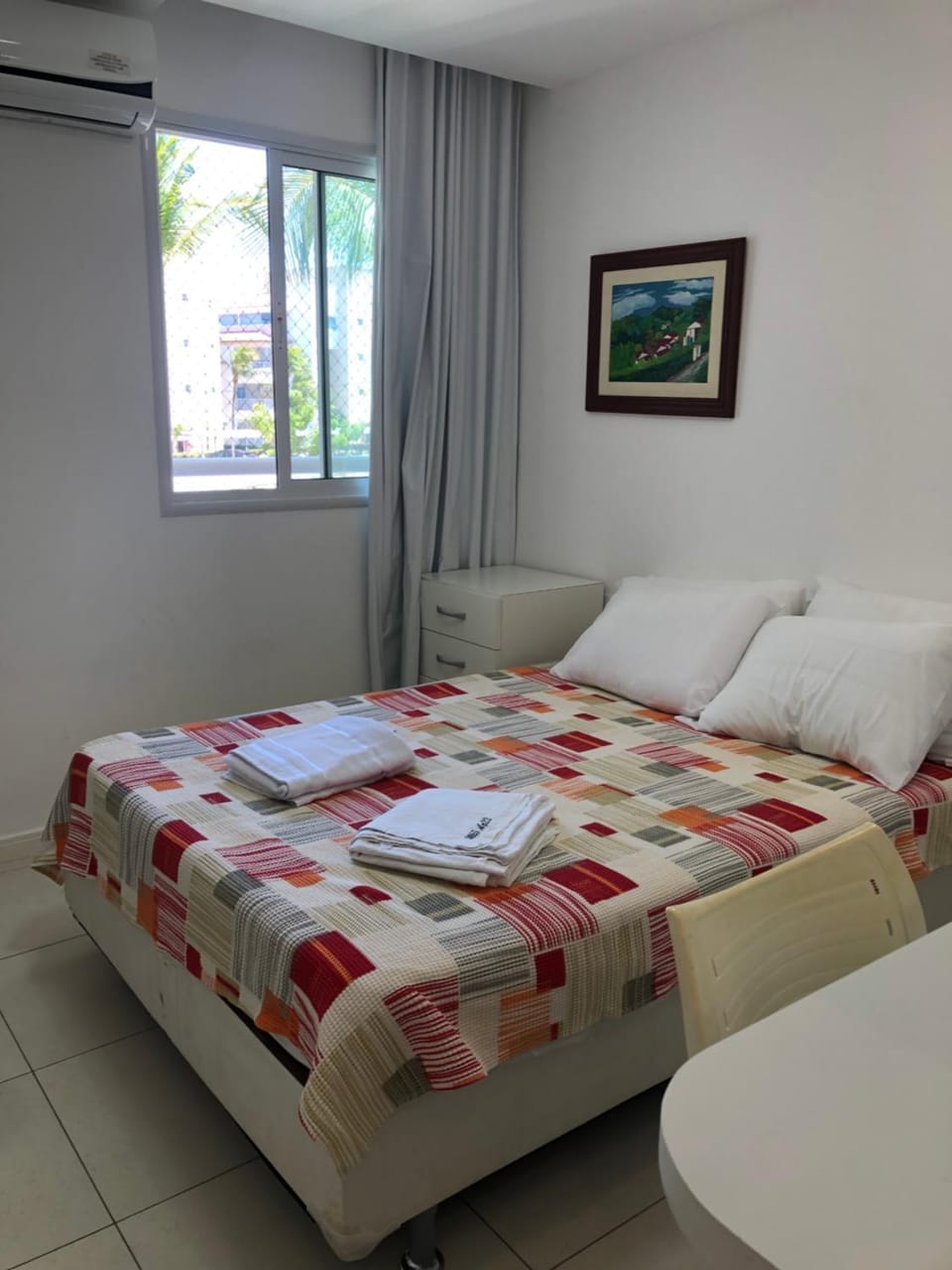 Bed, Photo of the whole room, Bedroom, towels, air conditioner