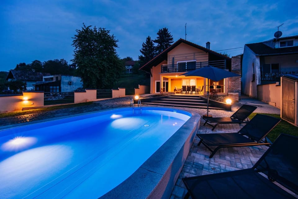 Patio, Night, Swimming pool, sunbed