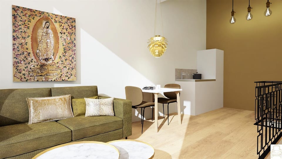 Kitchen or kitchenette, Living room, Seating area, Dining area