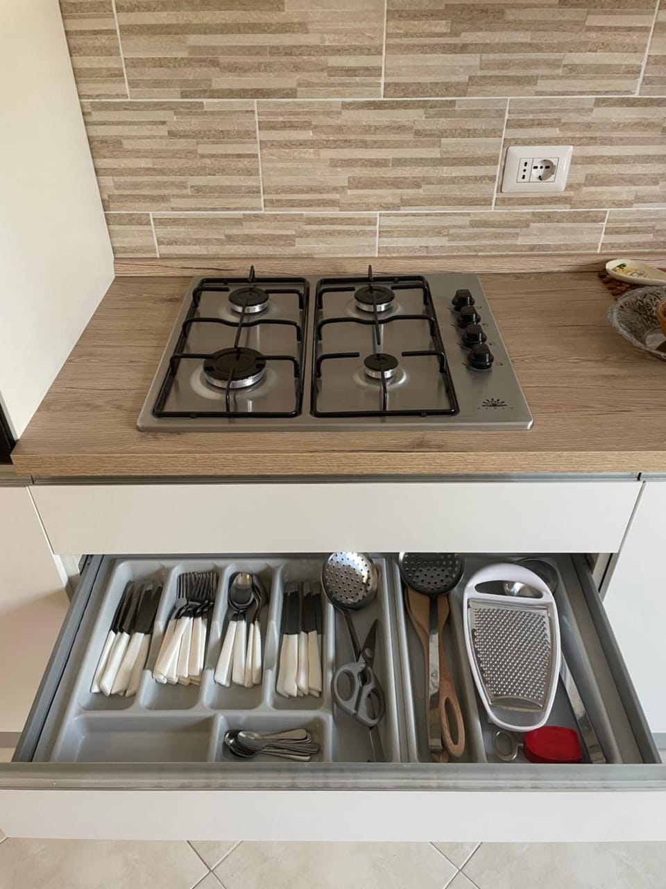 Kitchen or kitchenette, stove