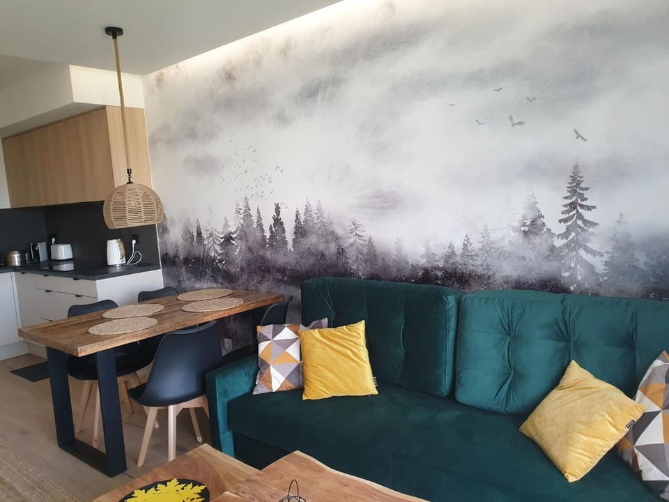 Kitchen or kitchenette, Living room, Seating area, Dining area