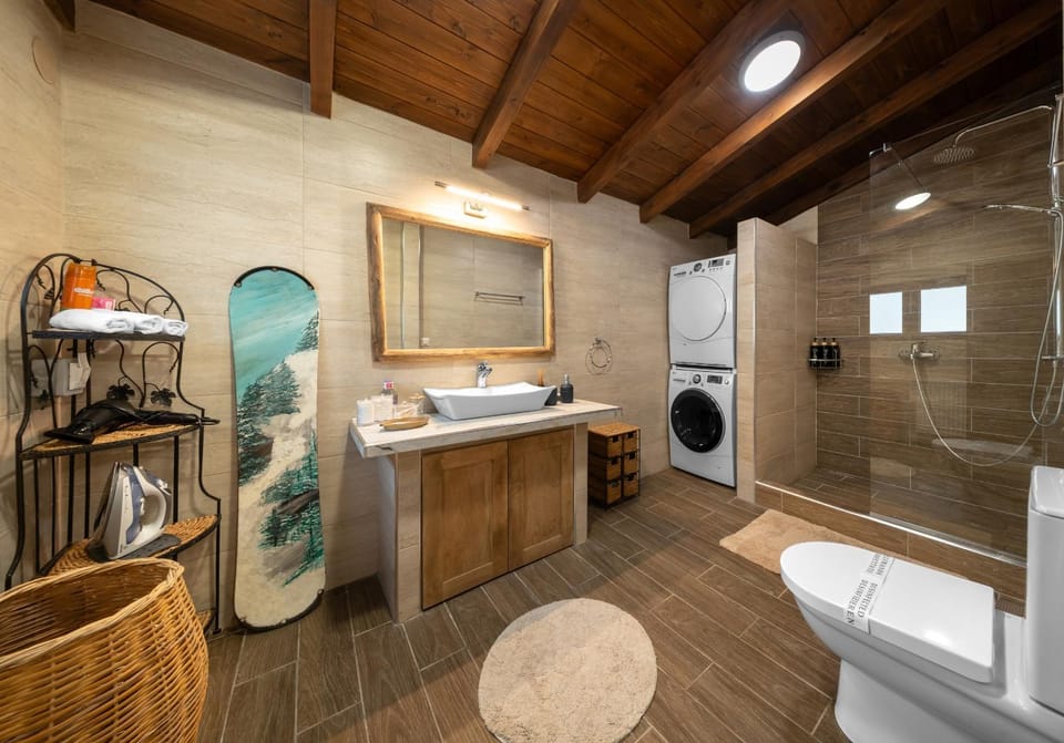 Shower, Toilet, Bathroom, towels, washing machine, dryer