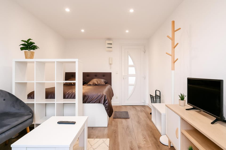 Bed, TV and multimedia, Living room, Photo of the whole room, Seating area, Bedroom