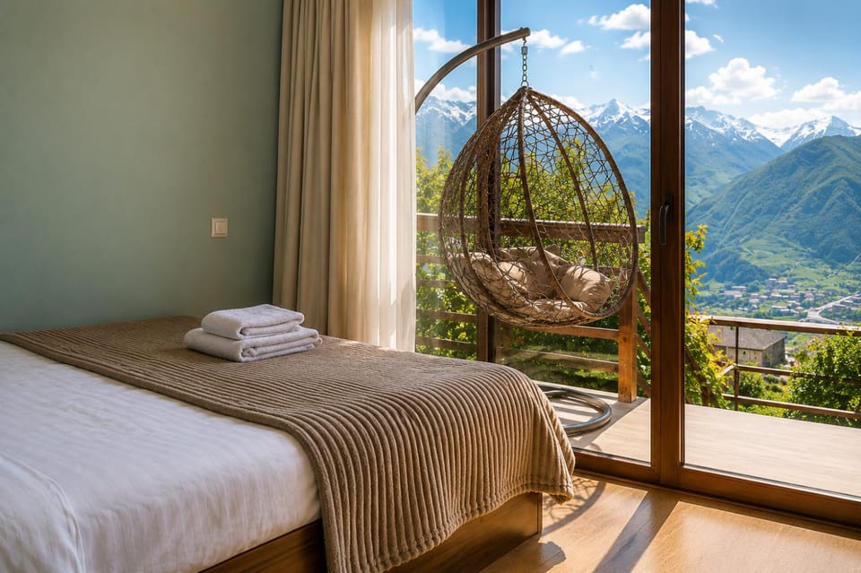 Spring, Bed, Day, Natural landscape, View (from property/room), Balcony/Terrace, Photo of the whole room, Bedroom, Mountain view