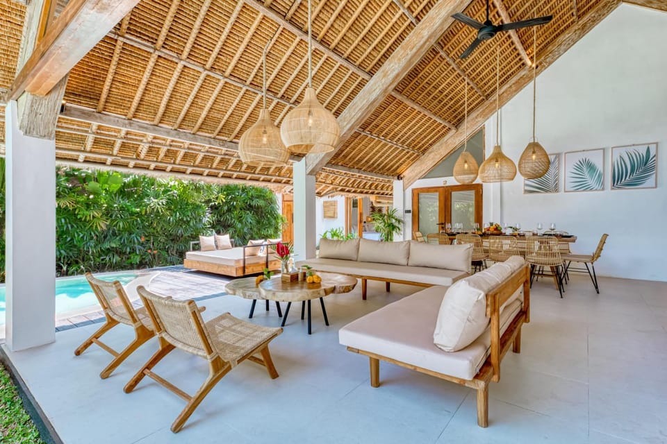 Living room, Seating area, Dining area, Pool view