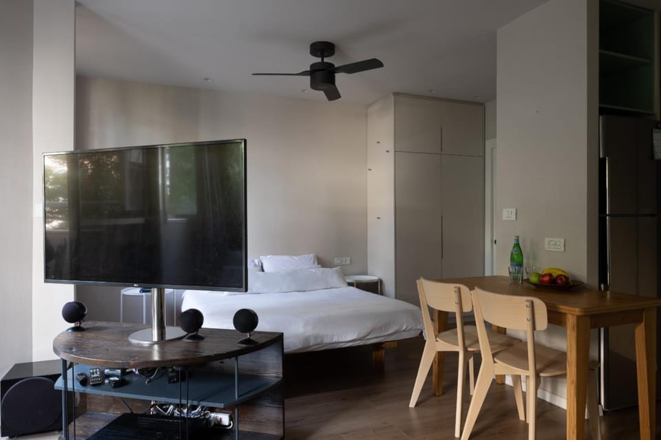 Bed, TV and multimedia, Photo of the whole room, fireplace, air conditioner