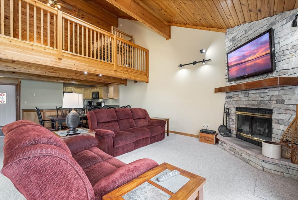 TV and multimedia, Kitchen or kitchenette, Living room, Seating area, Dining area, fireplace, furniture