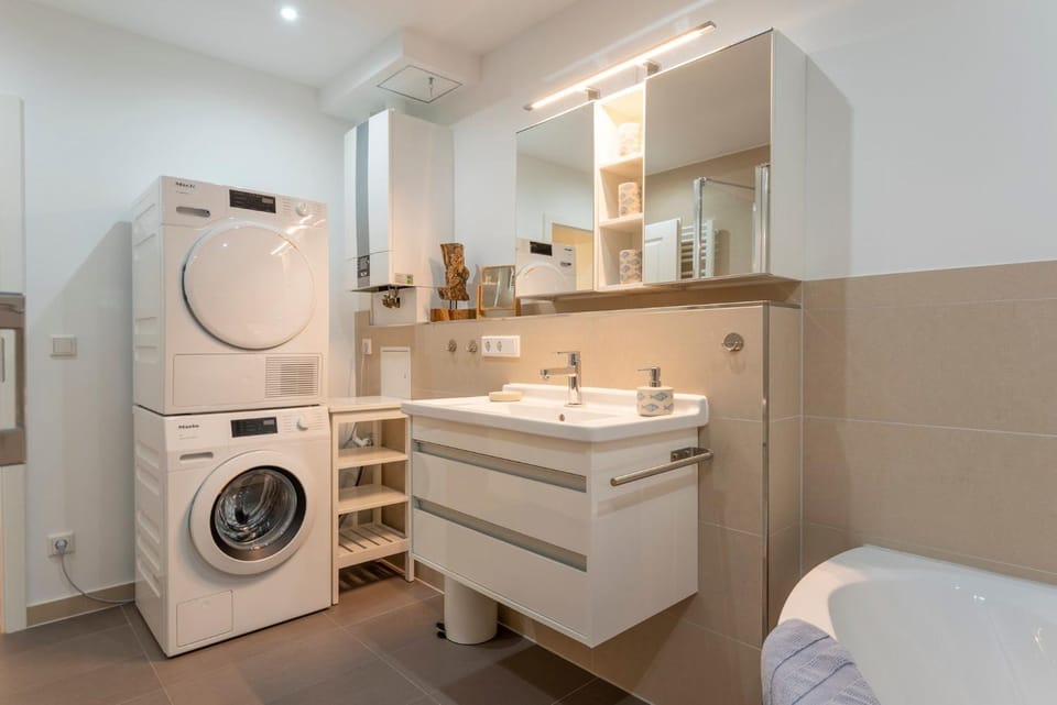 Bathroom, washing machine, dryer