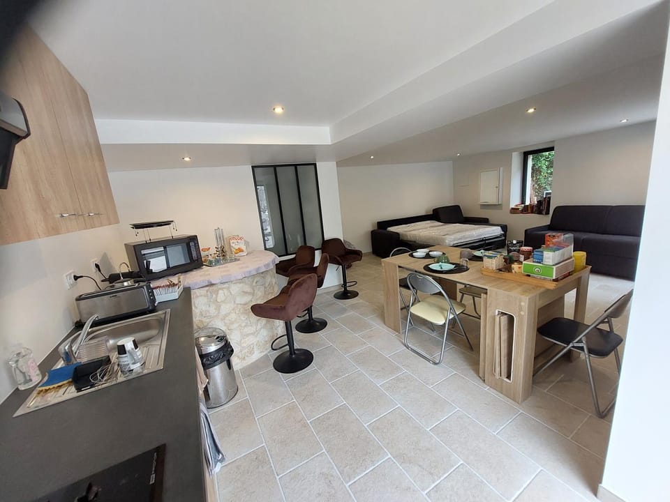 Kitchen or kitchenette, Living room, Seating area, Dining area, minibar, pet friendly, stove