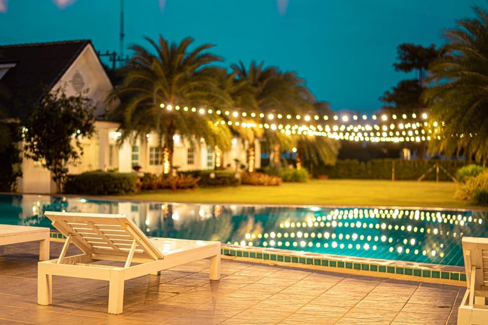 Night, Garden, Garden view, Pool view, Swimming pool, sunbed